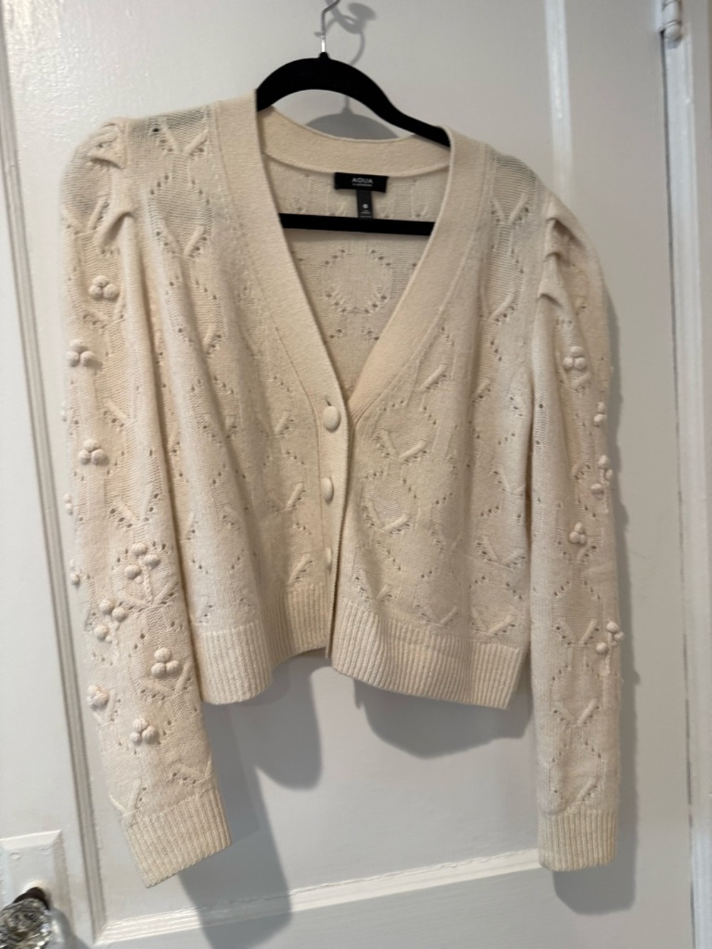 AQUA Cream Textured Pom-Pom V-Neck Cardigan EUC 100% Cashmere Medium